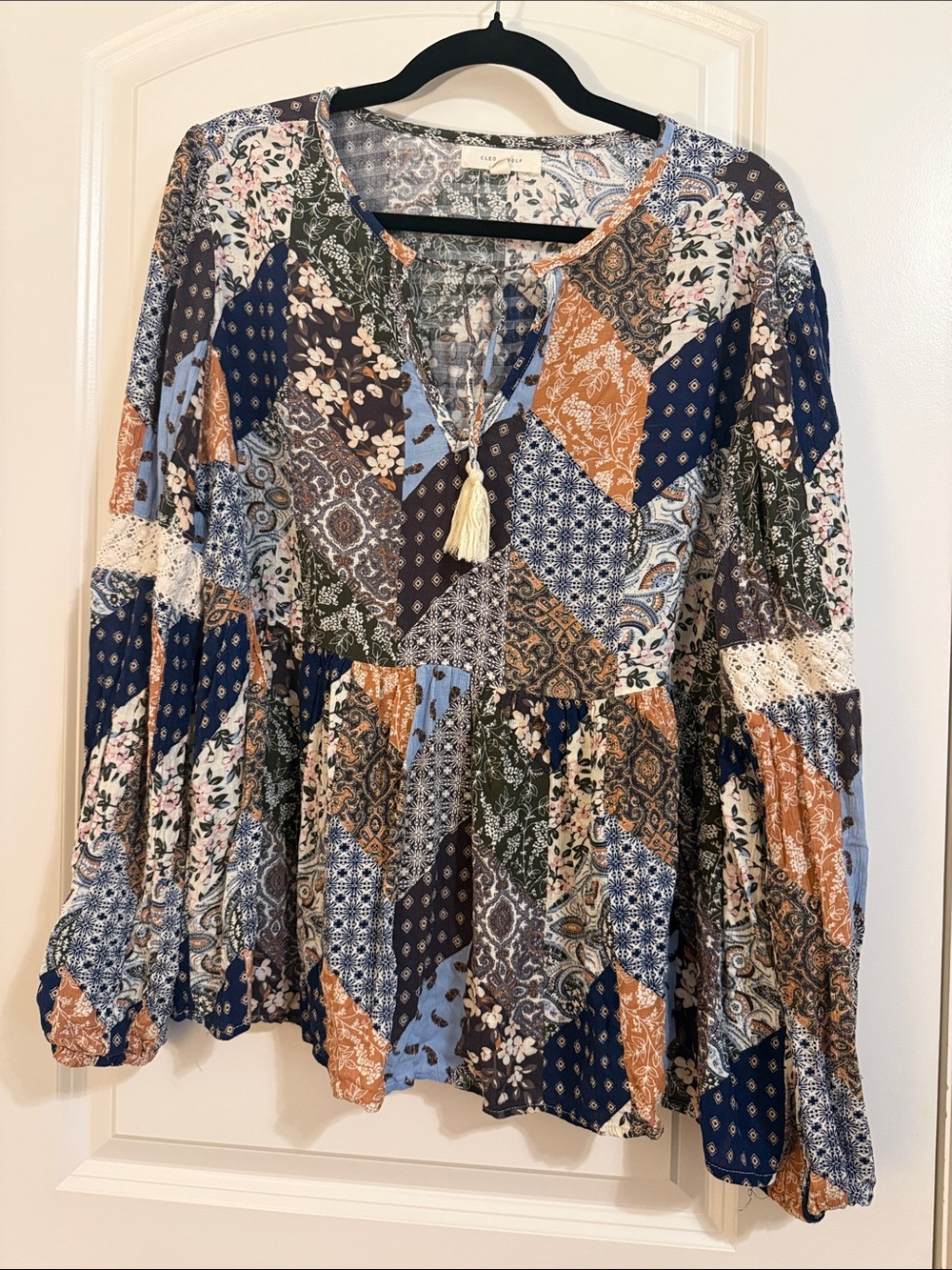 Boho Patchwork Peasant Tunic - Blue & Rust